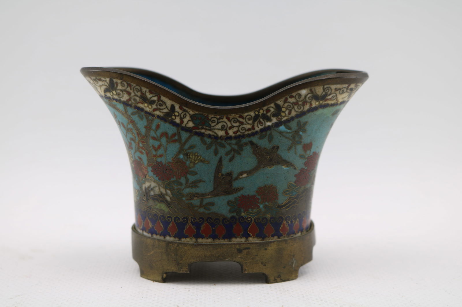 Chinese Cloisonne Enamel Gilt Bronze Cabinet Vase or Censer: 19th century or earlier. Minor pitting and crazing to interior. Height appx. 2 3/4 inches.