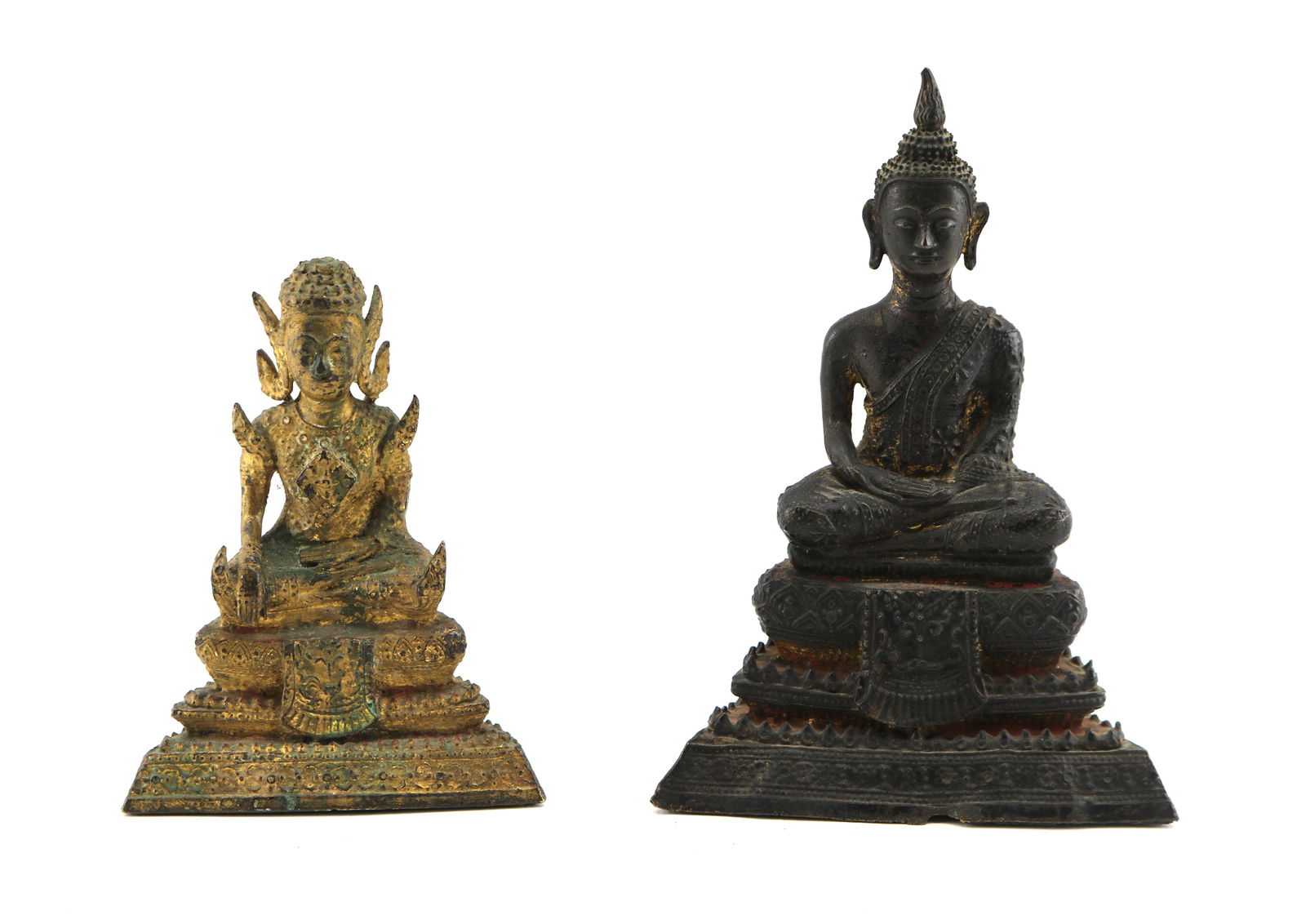Southeast Asian Patinated and Gilt Bronze Deities: Taller: 6 3/4 inches. Good condition with minor imperfections. 19th century or earlier.