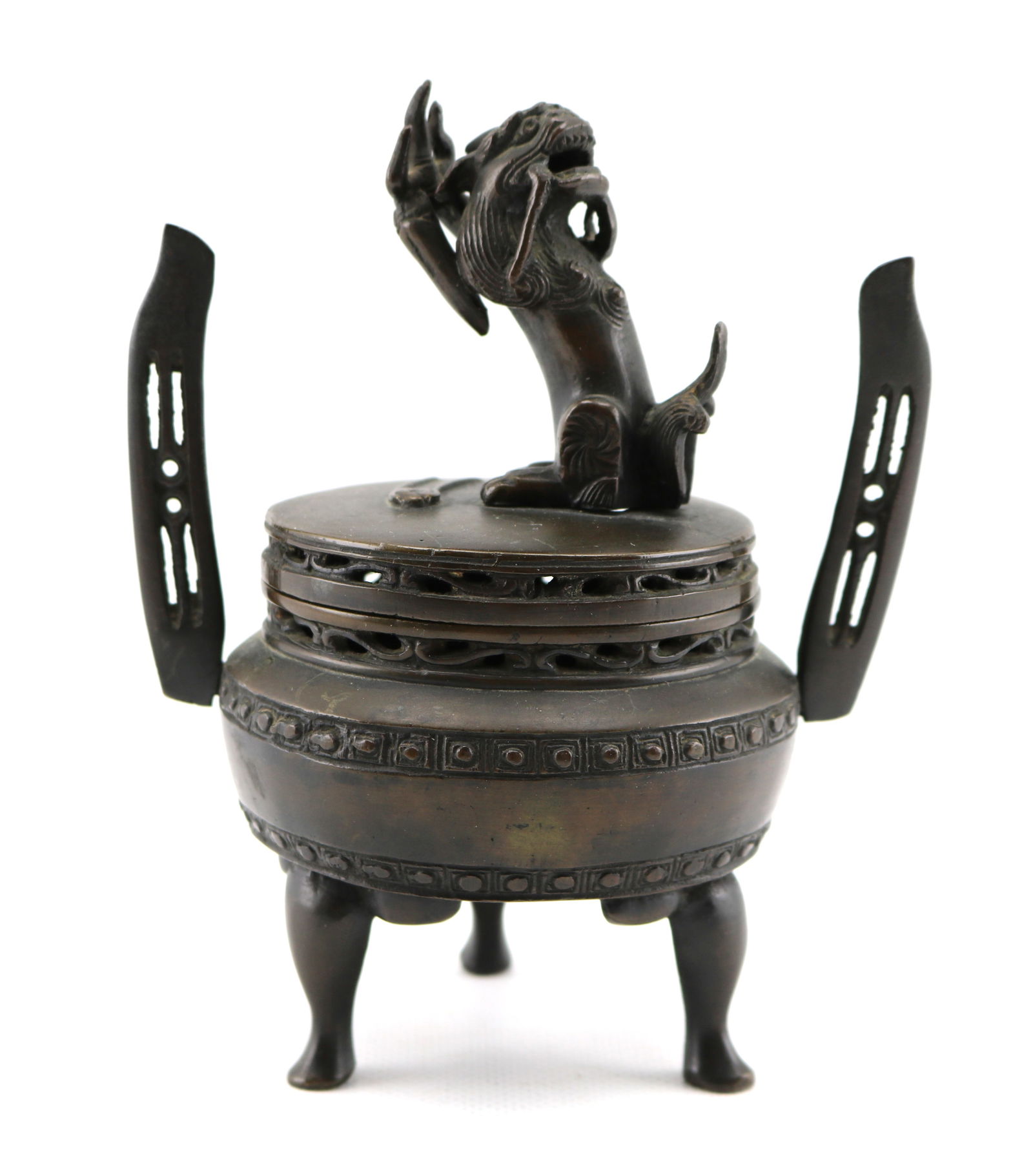 Japanese Meiji Period Figural Bronze Tripod Censer: Overall height 6 3/4 inches. Good condition.