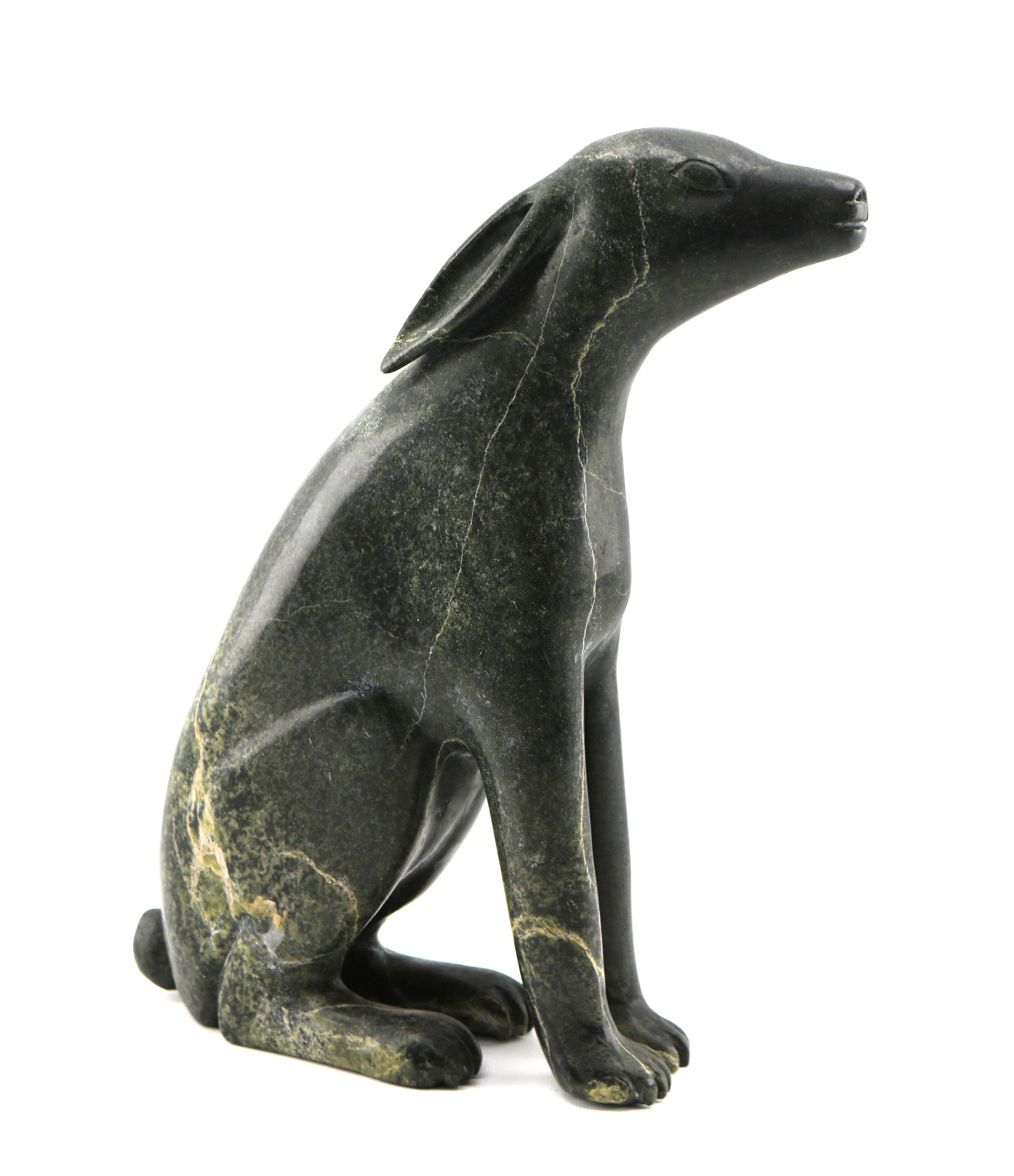 Pitseolak Niviaqsi (Attributed) Arctic Hare Inuit Art Pyroxine Soapstone Sculpture: Overall height appx. 14 inches, weight appx. 15 pounds. Good condition.