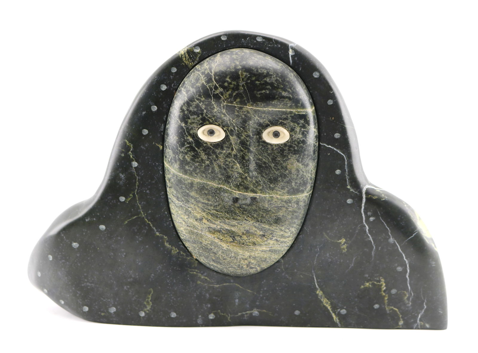 Matiusie Iyaituk A Woman Trying to See in the Dark Inuit Art Soapstone and Antler Sculpture: Appx. 9 inches by 14 1/2 inches, weight appx. 20 pounds.