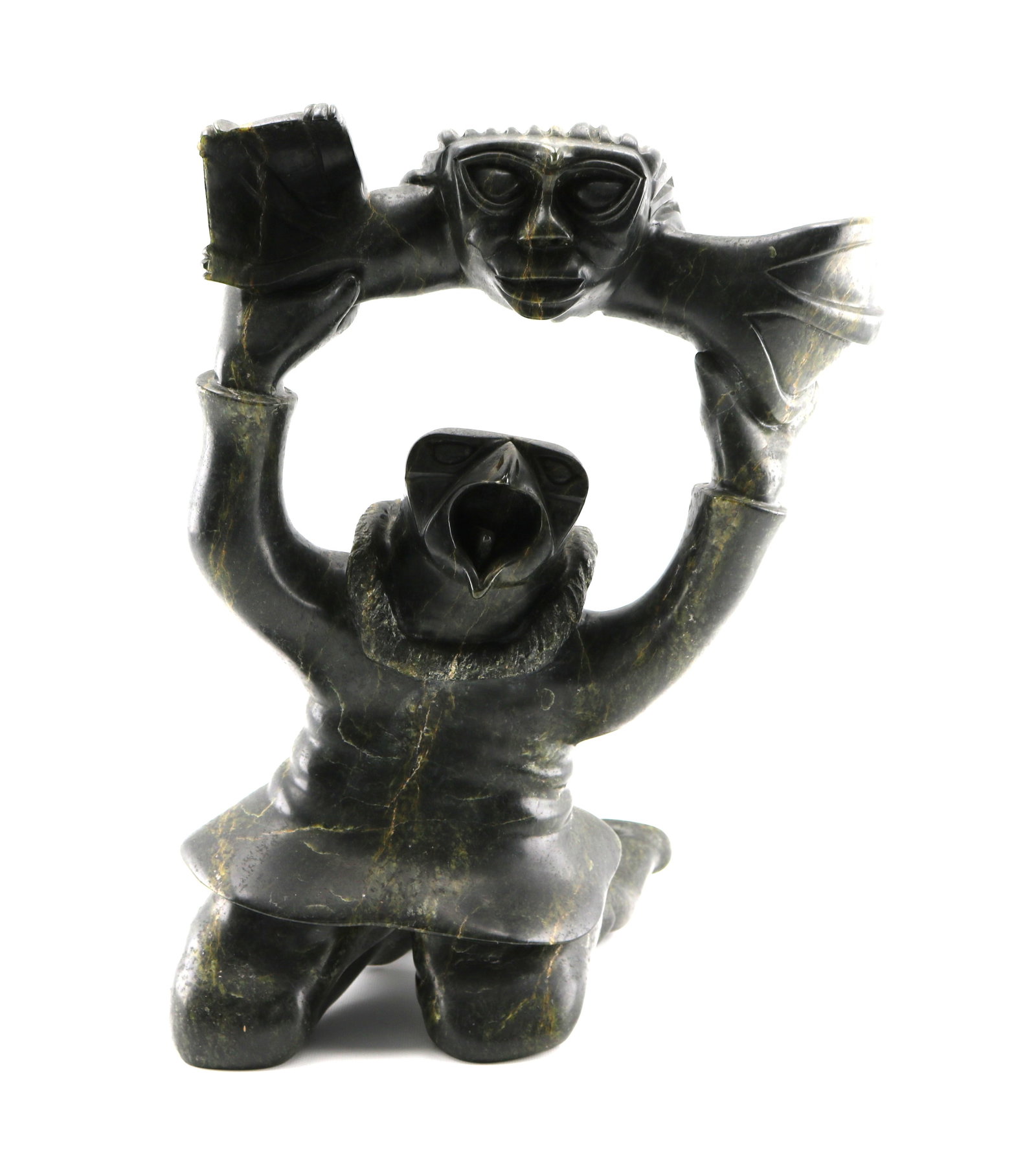 Pootoogook Qiatsuik Shaman Transformation Inuit Art Soapstone Sculpture: Overall height appx. 18 inches, weight appx. 33 pounds. Good condition, signed under foot.