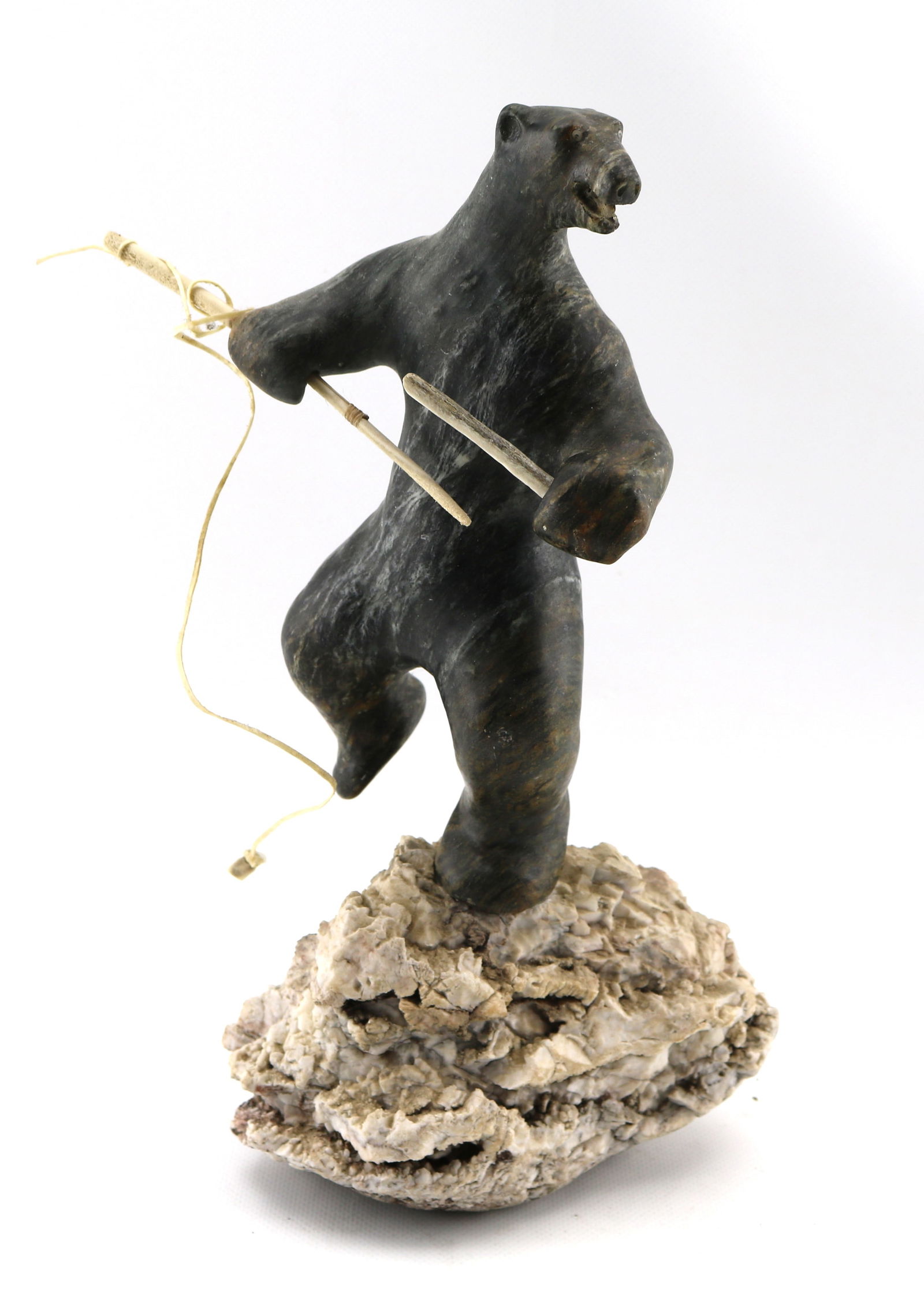Joseph Shuqslak (Attributed) Inuit Art Bear Transformation Soapstone, Antler, and Sinew Sculpture: Height appx. 13 inches, weight appx. 9 pounds