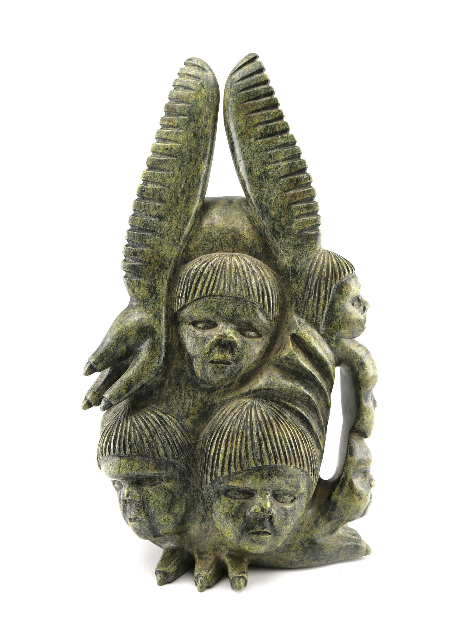 Qaqaq Ashoona (Attributed) Owl Family Inuit Art Soapstone Sculpture: Overall height appx. 18 1/2 inches, weight appx. 30 pounds. Good condition.