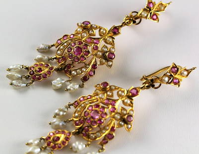 French Victorian 18k YG Ruby & Pearl Drop Earrings: Pair of French Victorian 18k YG Ruby & Pearl Drop Earrings. Marked w/ hallmarks for Paris. 17.8 grams. Measure 3" in length and are 15/16" in width.