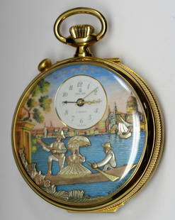 Reuge Swiss Automated Musical Pocket Watch: Reuge pocket watch with automated scene and musical movement. Measures 3" in height, 1" in depth.