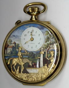 Arnex Reuge Swiss Automated Musical Pocket Watch: Arnex Reuge pocket watch with automated scene and musical movement. Measures 3" in height, 1" in depth.