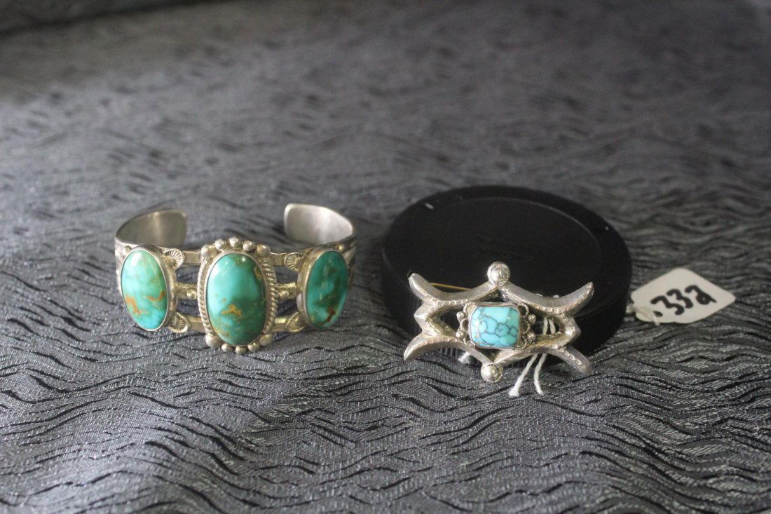Native American Silver & Turquoise Bracelet & Brooch (1 of 3)