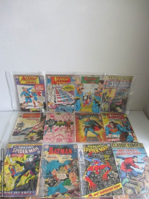 Lot of 12 Comics: Lot of 12 Comics Amazing Spiderman (100 fine condition, Amazing Spiderman 102, DC Comics Batman 199, Batman 200, Classic Comics 21, 28, Amazing New Adventures of Superman 1, DC Action Comics 400, 366,