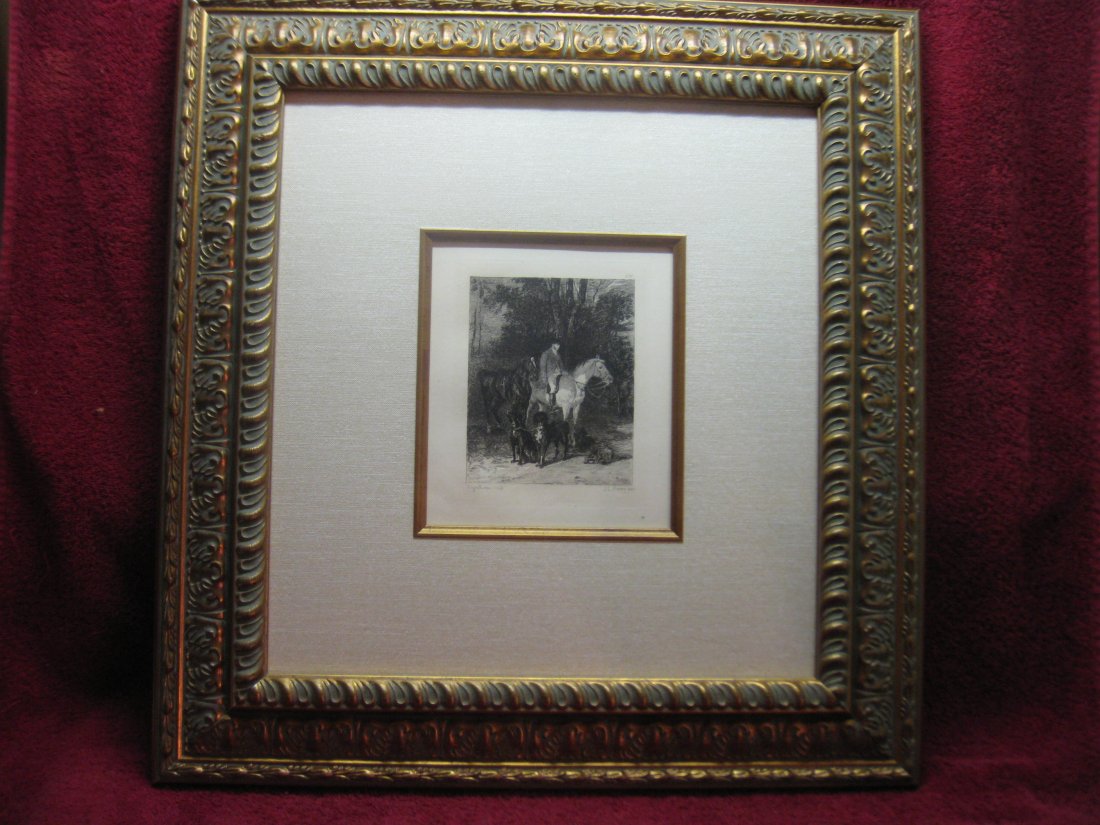 John Lewis Brown Etching: Approximate measurements 20"W x 20.75"L, 1829 - 1890, French "Hatte de Chasse", etching in black and white ink on watermark paper, first printing 1873
