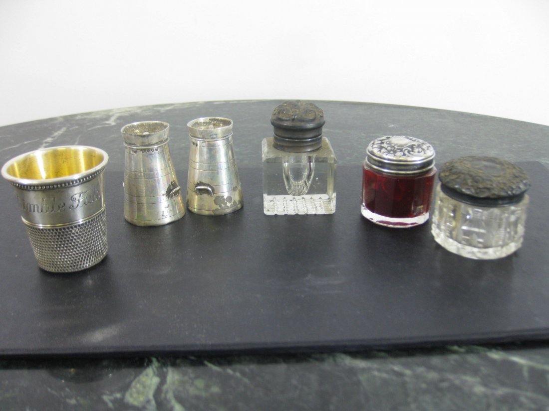 Lot of Sterling Silver.: 65.6DWT - 2 Pill jars, Ink well, Vintage Thimble shot glass, English salt & pepper shakers CA 1887