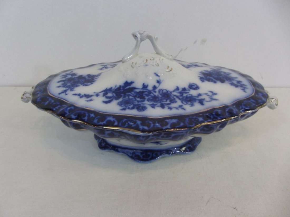 Flow Blue Touraine Covered Vegetable Dish: Stanley Potteries, Flow Blue Covered Vegetable Dish, Touraine Pattern, measures 12" x 5 5/8"