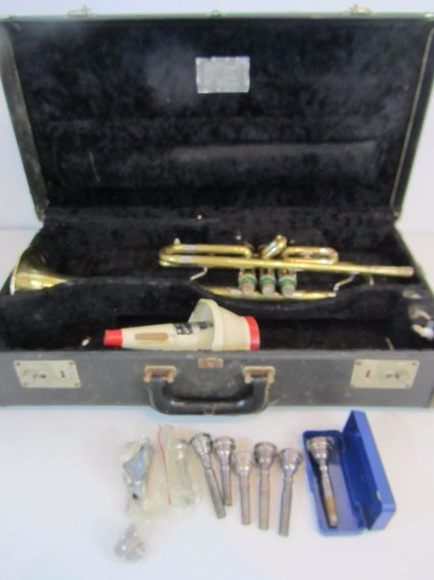 1949 F.E. Olds and Son Trumpet with Case: 1949 F.E. Olds and Son Trumpet Case and 9 Mouthpieces and a muffler.