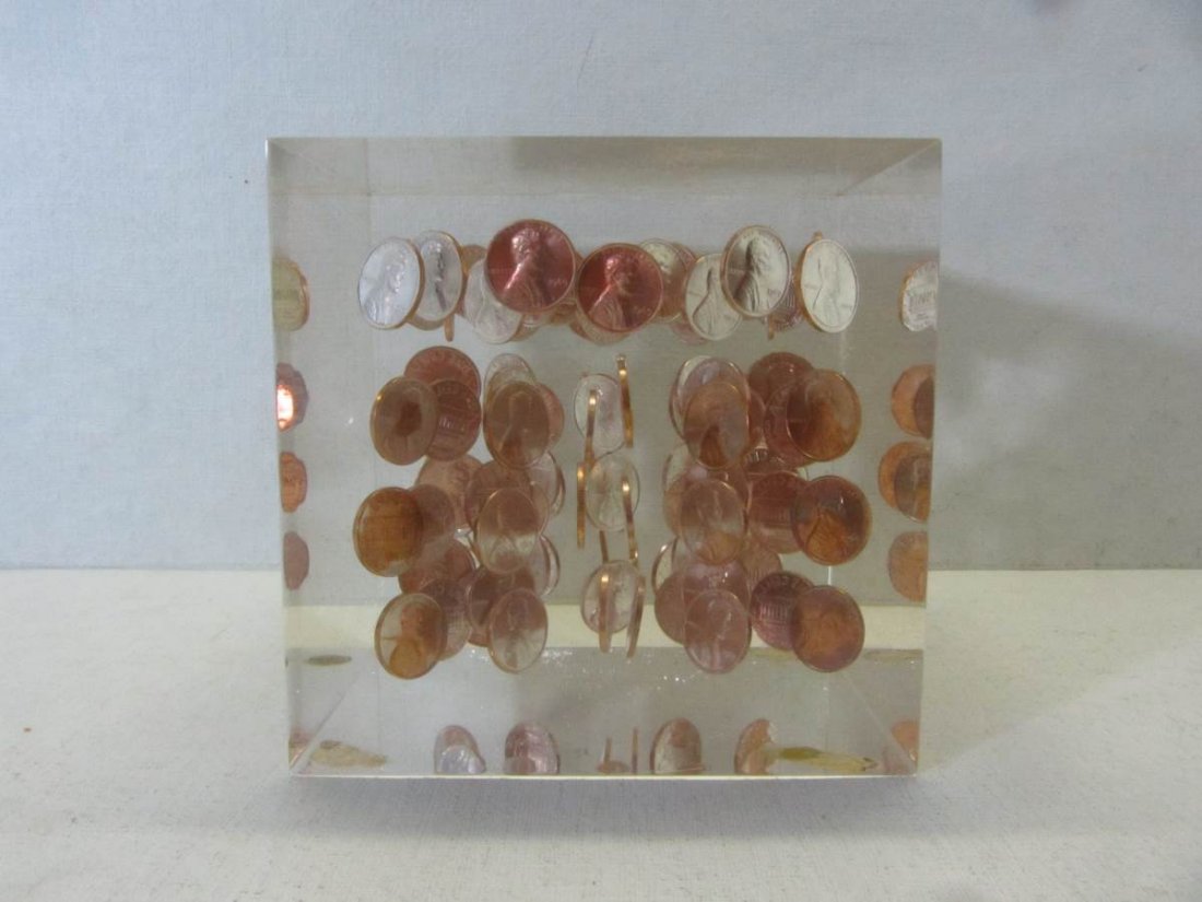1969 Mid Century Lucite Suspended Penny 5" Cube: 1969 Mid Century Lucite Suspended 5" Cube