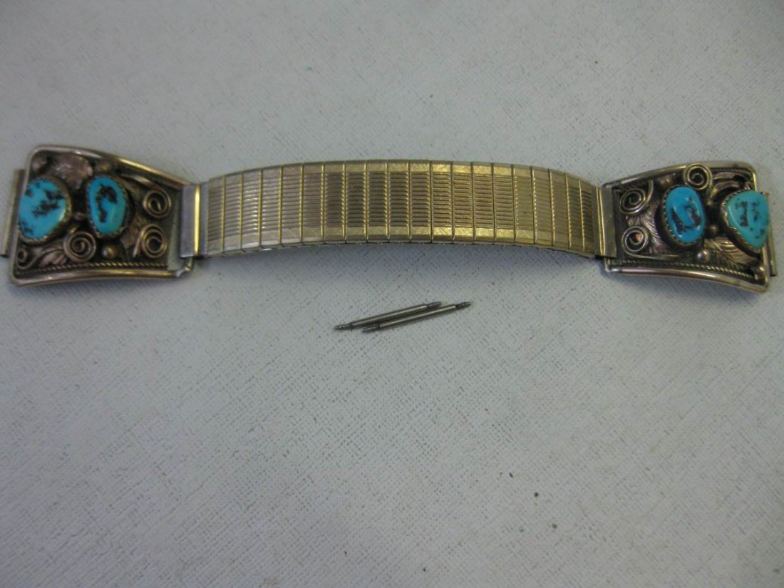 Native American Watch Band Navajo Sterling Silver: Navajo Native American Sterling Silver, 12 GF and Turquoise Watch Band signed Justin Morris