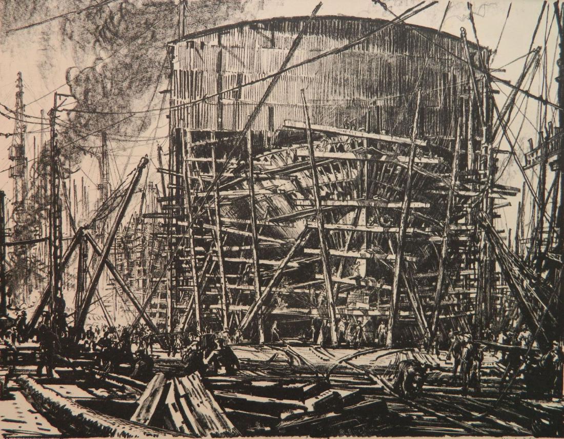 Muirhead Bone lithograph: Muirhead Bone (British 1876-1953)- ''Building Ships: On The Stocks''- lithograph, ca. 1917, signed in pencil, from the portfolio ''The Great War: Britains Efforts and Ideals'', very good condition. 14
