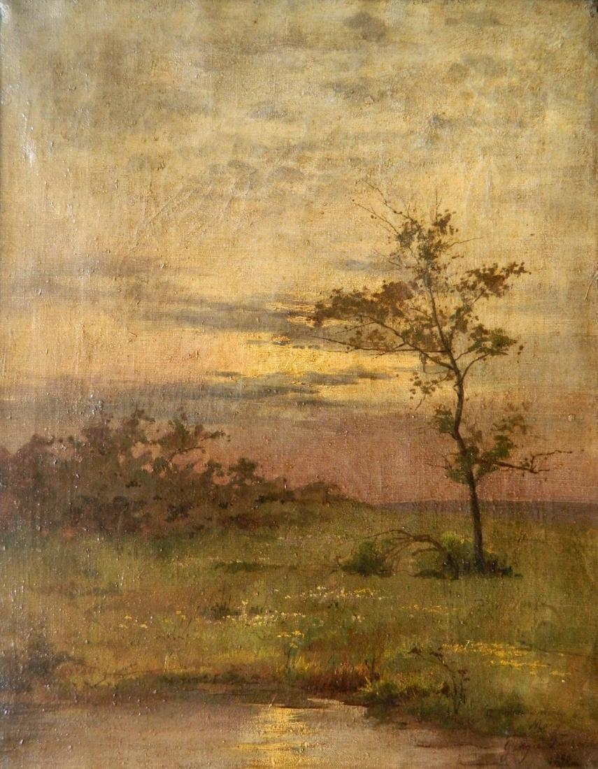 Georgia Timken Fry oil: Georgia Timken Fry (American 1864-1921)- ''Sunset, Fountainbleau''- oil on canvas, 1890, signed Georgea Timken / 1890 and dedicated 'A Mon Ami Mary' lower right, yellow varnish, imbedded grime, some c