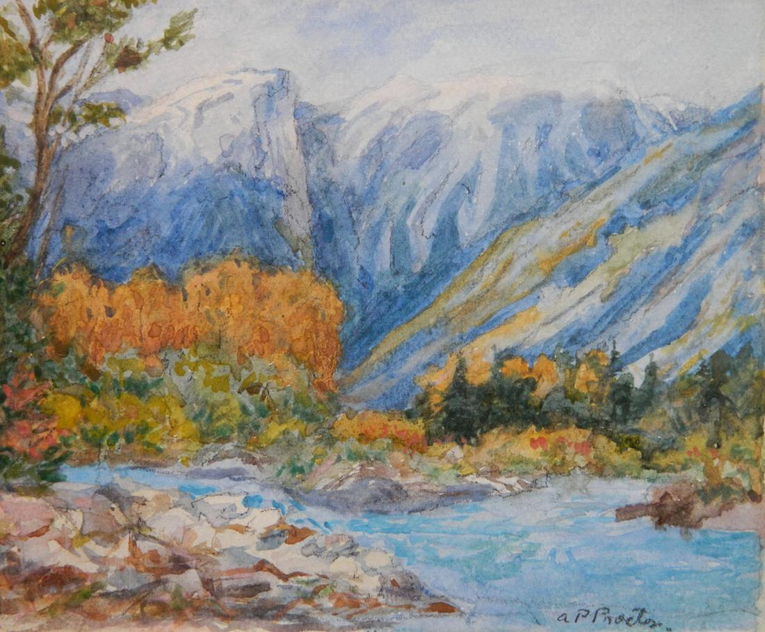 Alexander P. Proctor watercolor: Alexander P. Proctor (Canadian 1860-1950)- Mountain Landscape- watercolor on paper, signed in pencil 'A. P. Proctor' lower right. 6 1/8 x 7 1/4''
