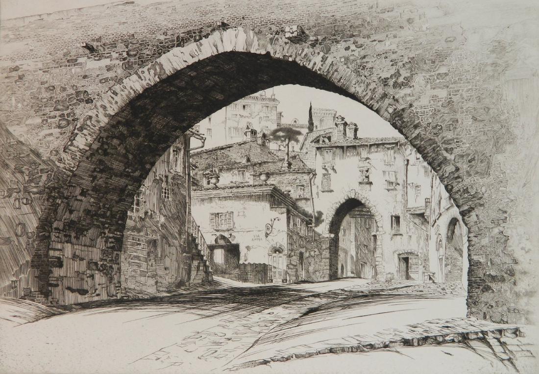 John Taylor Arms etching: John Taylor Arms (American 1887-1953)- ''Arch of The Conca, Perugia'' (Fletcher 175)- etching, 1926, signed and dated in pencil, Italian Series no. 4. 10 1/4 x 14 5/8''