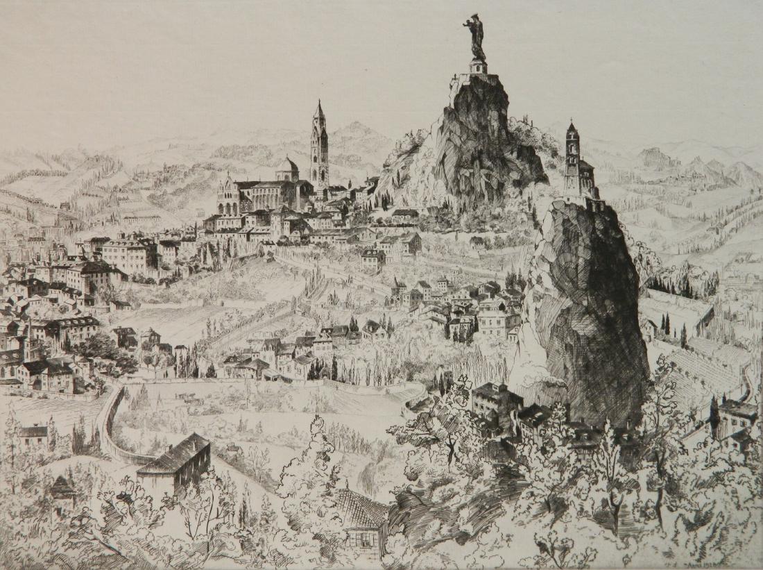 John Taylor Arms etching: John Taylor Arms (American 1887-1953)- ''Le Puy'' (Fletcher 214)- etching, 1928, signed and dated in pencil, edition of 100, French Churches Series no. 23, soiling in margin. 9 3/8 x 12 5/8''