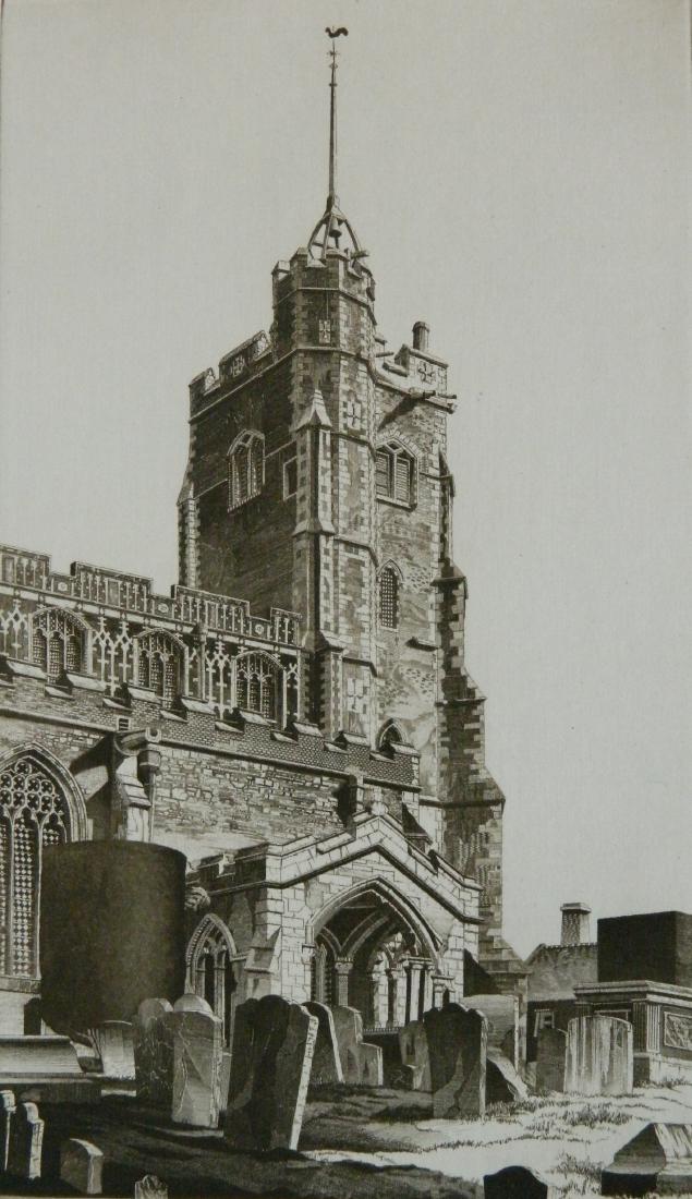 John Taylor Arms etching: John Taylor Arms (American 1887-1953)- ''Cavendish Church'' (Fletcher 381)- etching, 1944, signed and dated in pencil, on blue-toned paper, English Series no. 11. 9 1/2 x 5 1/2''