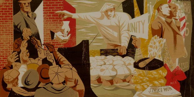 Anton Refregier silkscreen: Anton Refregier- ''San Francisco's '34 Waterfront Strike''- silkscreen in colors, signed and numbered 10/75 in pen. 11 1/4 x 22 1/4''