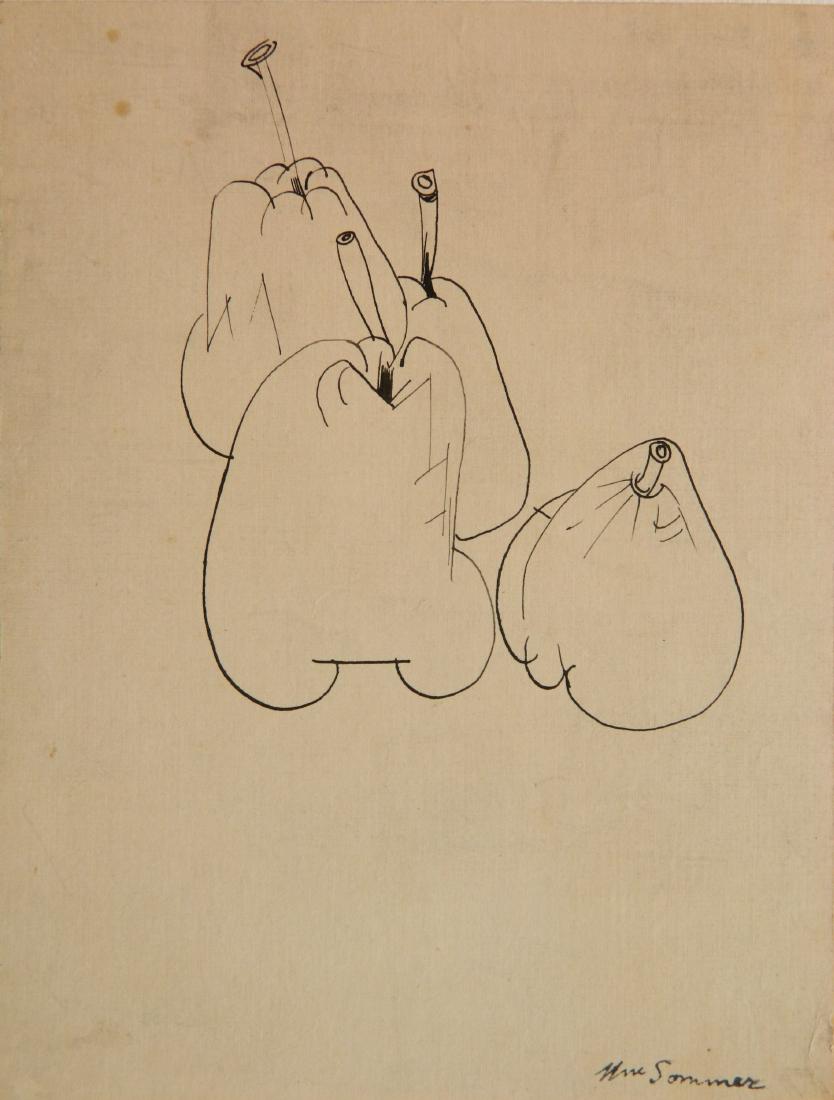 William Sommer pen and ink: William Sommer (American 1867-1949)- Pears- pen and ink on paper, estate stamped signature lower right, drymounted to support sheet. 7 1/4 x 5 1/2''