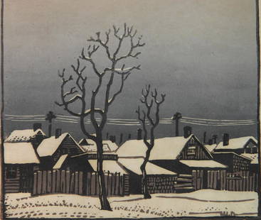 Woldemar Neufeld linocut: Woldemar Neufeld (Russian/American 1909-2002)- ''Snow on The Roofs''- linocut in colors, signed, titled and ed. 13/50 in pencil, long creases in lower right corner of margin. 7 x 8''