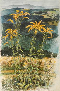 Woldemar Neufeld watercolor and ink: Woldemar Neufeld (Russian/American 1909-2002)- ''Goldenrod Flowers''- watercolor and ink on paper, 1947, signed and dated ''Woldemar Neufeld 1947'' lower right in ink, foxing, masking tape and tape re