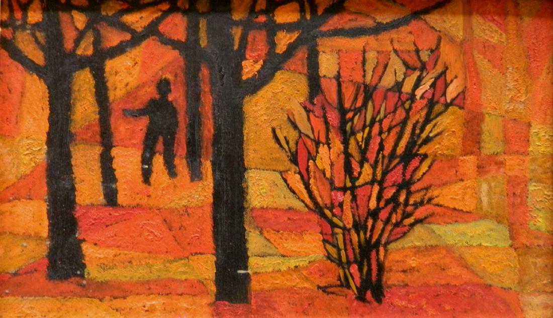 David Shapiro oil: David Shapiro (American 1916-2005)- ''Autumnal''- oil on masonite. 6 x 10'' Provenance: The Milch Galleries.