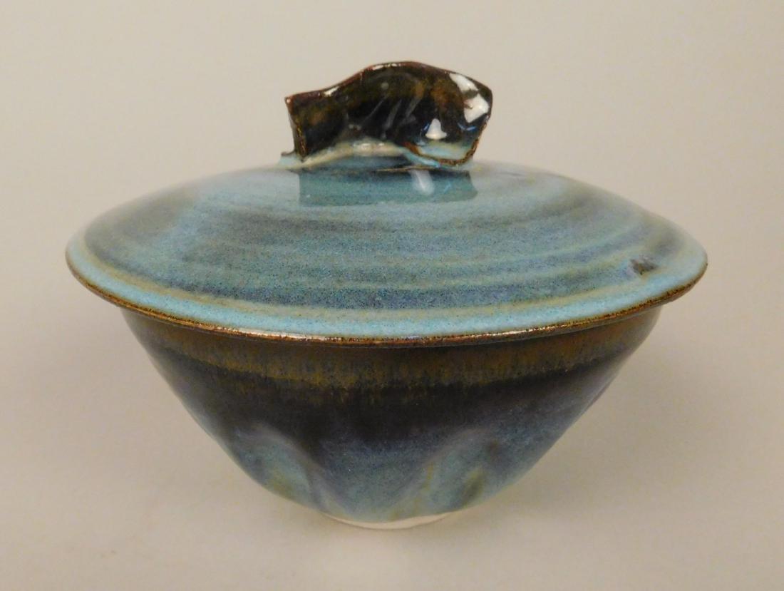 Josh Foy porcelain casserole: Josh Foy (American 20th/21st c.)- Small Casserole- thrown porcelain, 2000, signed and dated 'Foy 2000' on bottom, milky blue-green enamel glaze overall with small slab handle on lid. with lid 4 3/4''h