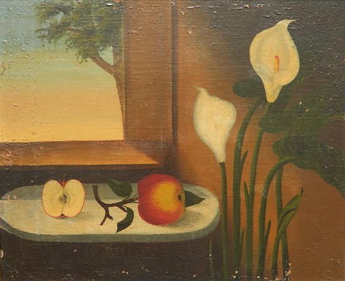 19th c. American School oil: 19th c. American School- Calla Lillies and Fruit- oil on canvas mounted to masonite, severe paint loss and flaking. 18 x 22''