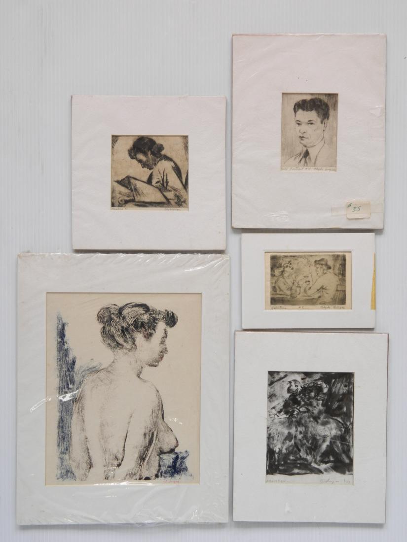 Clyde Singer 4 etchings: Clyde Singer- ''Abduction''; ''Self-Portrait''; ''Reading #1''; ''Habitue''; and Female Nude- 4 etchings and 1 monoprint, all signed, generally good condition, various sizes.