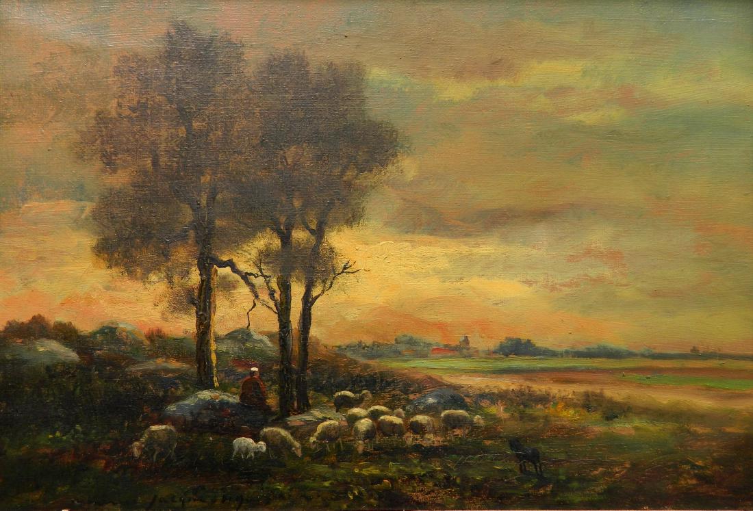 20th c. European School oil: 20th c. European School- Shepherd and Sheep at Sunset- oil on canvas, signed lower left. 14 x 21''