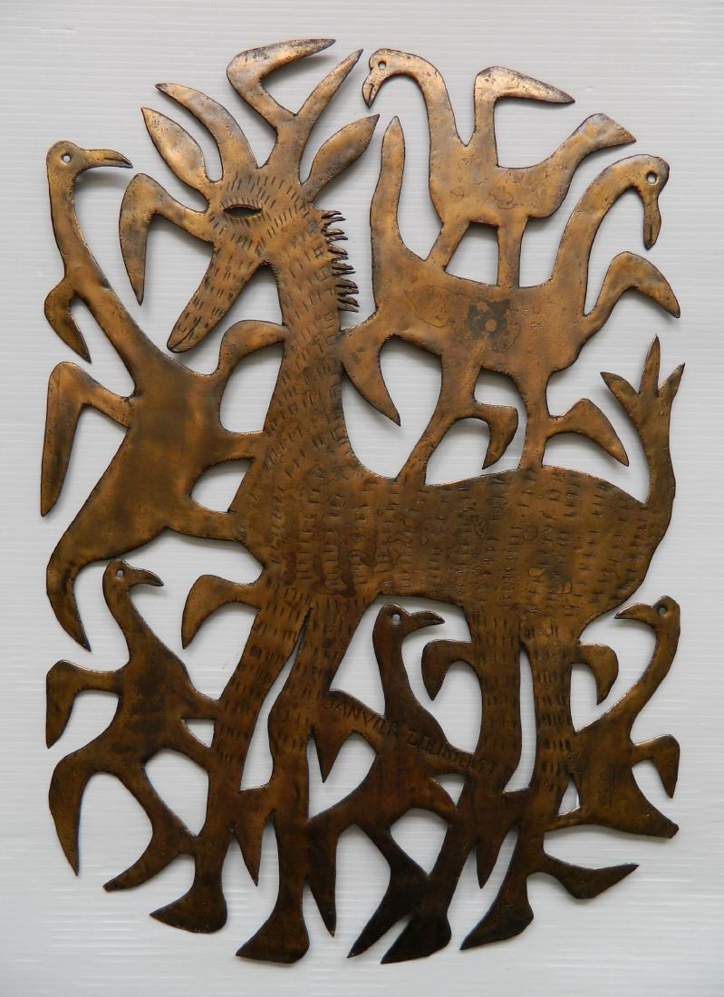 Janvier Louis Juste steel oil drum cut-out: Janvier Louis Juste- Animal and Birds- Haitian steel oil drum cut-out, carved signature lower center. 23 3/4 x 16 1/2''