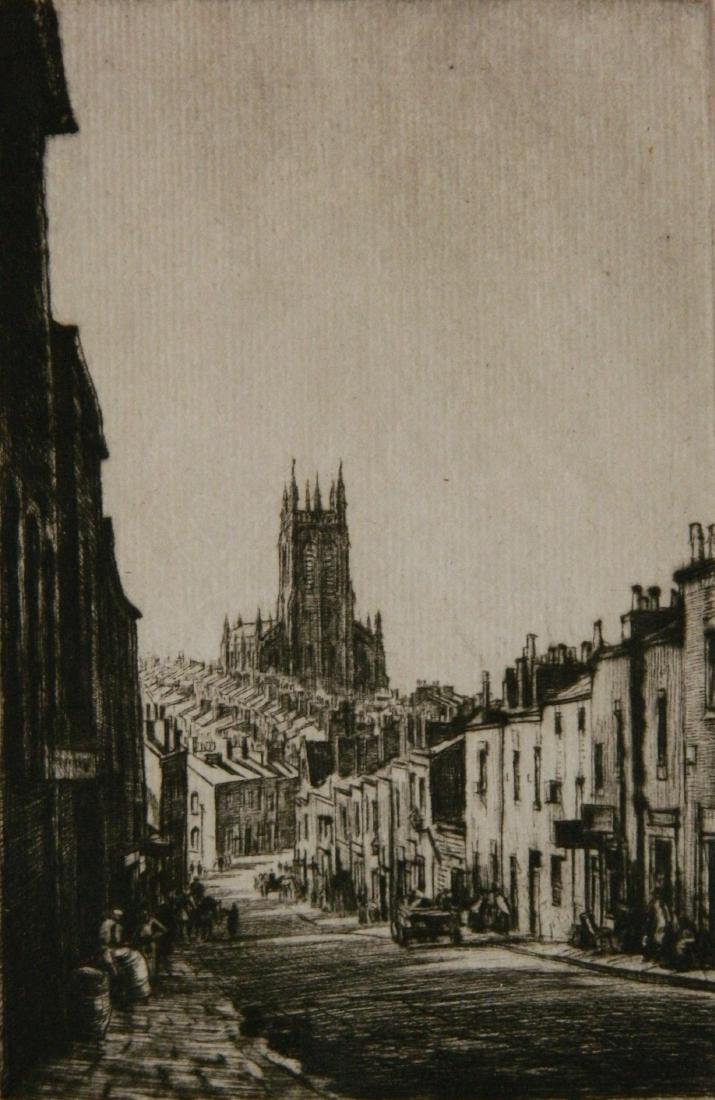 Muirhead Bone drypoint: Muirhead Bone (British 1876-1953)- ''The Jew's Quarter, Leeds''- drypoint, signed in pencil, faint window from mat. 5 3/4 x 3 3/4''