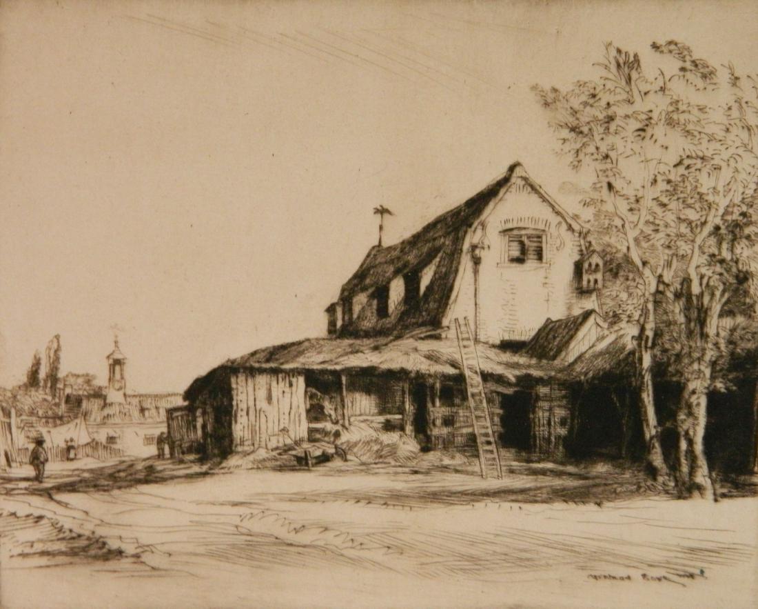Muirhead Bone etching: Muirhead Bone (British 1876-1953)- ''Cottage''- etching, signed in pencil. 5 3/4 x 7 1/8''
