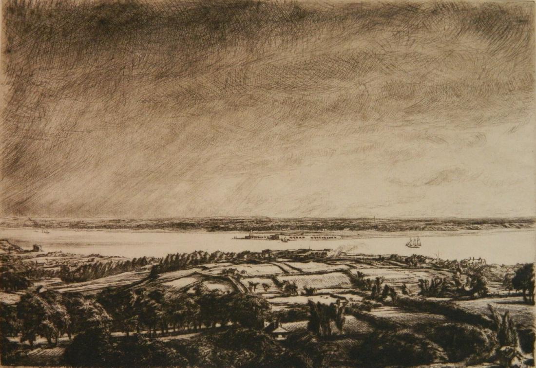 Muirhead Bone etching: Muirhead Bone (British 1876-1953)- ''Solent'' (Dodgson 374 xiv/XIV)- etching, 1920, signed in pen, 1 small abrasion in paper verso by top margin. 7 x 9 7/8''