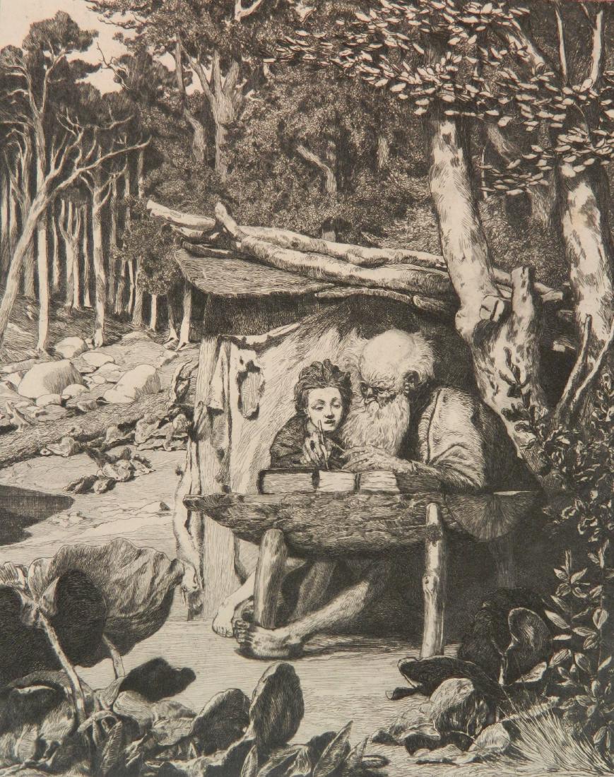 Max Klinger etching: Max Klinger (German 1857-1920)- ''Simplici Schreibstube'' (Singer 58)- etching on chine colle, plate no. VII, handling creases, a very small blemish lower right just below image, round water stains al