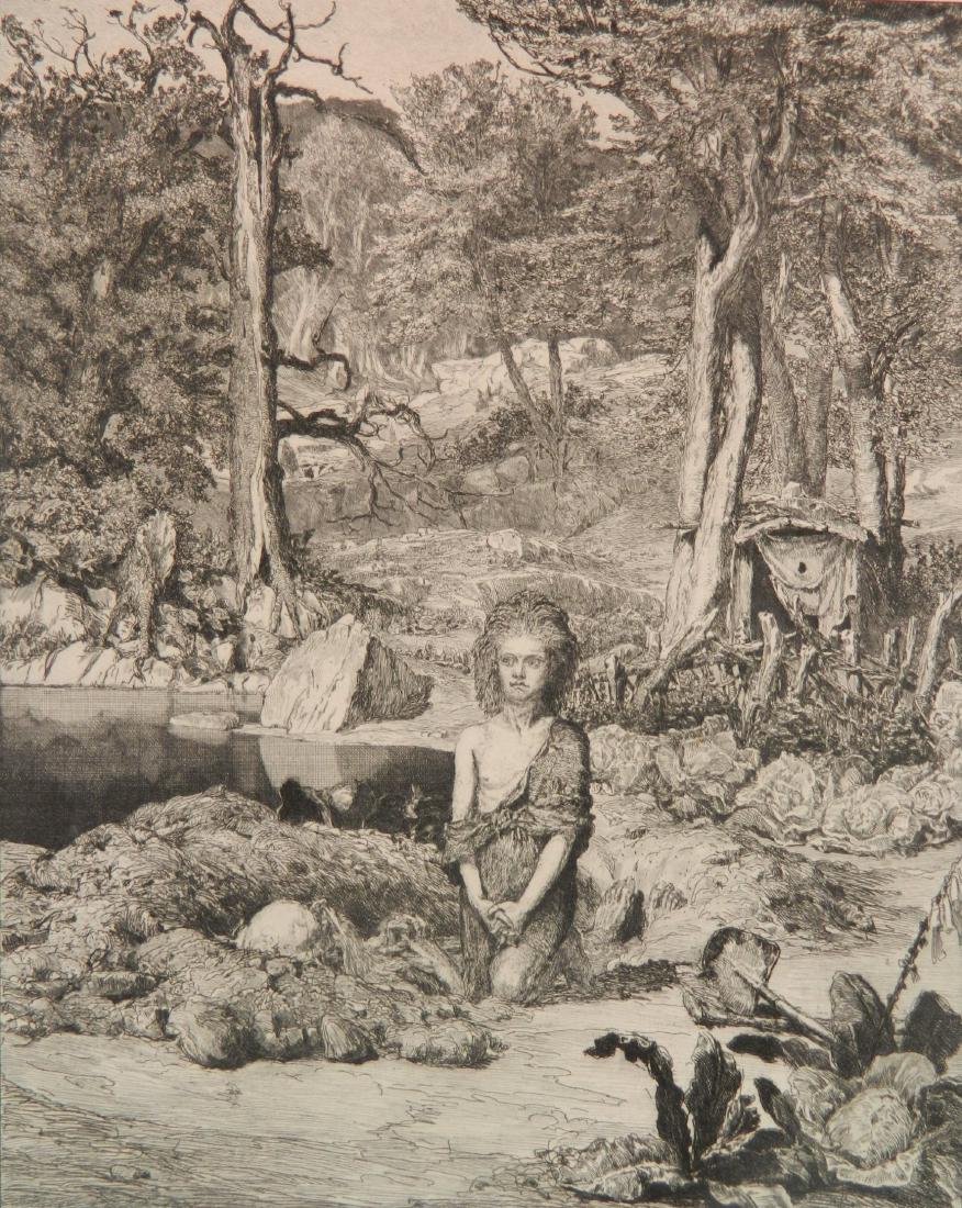 Max Klinger etching: Max Klinger (German 1857-1920)- ''Simplicius: Am Grabe des Einsiedlers'' (Singer 59)- etching on chine colle, plate no. VIII, handling creases particularly in corners of margin, tape repair on bottom