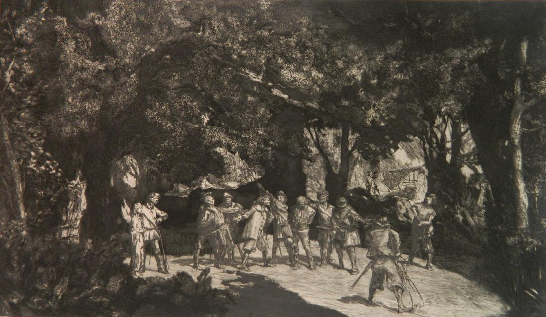 Max Klinger etching: Max Klinger (German 1857-1920)- ''Simplicius: Under den Soldaten'' (Singer 60)- etching on chine colle, plate no. IX, handling creases, creases and tape-repaired tears along top edge of margin, 2 larg