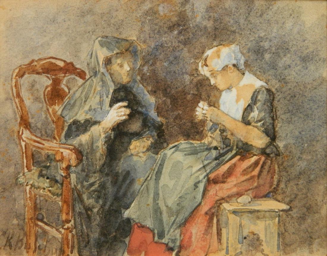 American School watercolor: American School- Mother and Daughter Knitting- watercolor on paper mounted to cardboard, signed illegibly lower left, paper toned, minor foxing. 4 5/8 x 6''