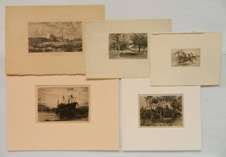 4 American and 1 French etchings: 4 American and 1 French etchings- 1.) Charles Meryon- ''Vue Ancien Louve''; 2.) Mary Nimmo Moran- ''Solitude''; 3.) & 4.) James Smillie- ''Rough Sport in the Yosemite'' and ''Jefferson Street, Poughke