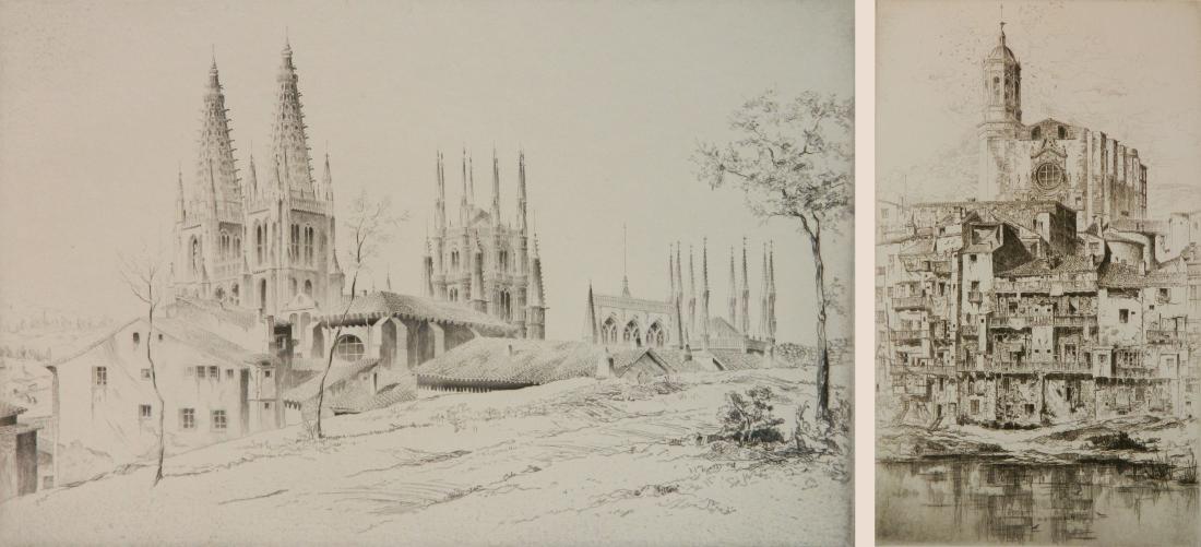 John Taylor Arms 2 etchings: John Taylor Arms (American 1887-1953)- ''Burgos (A Spanish Town Revisited)'' (Fletcher 124); ''Gerona'' (F. 164)- 2 etchings, 1924, 1925, both signed and dated in pencil, Spanish Church Series no. 2 a