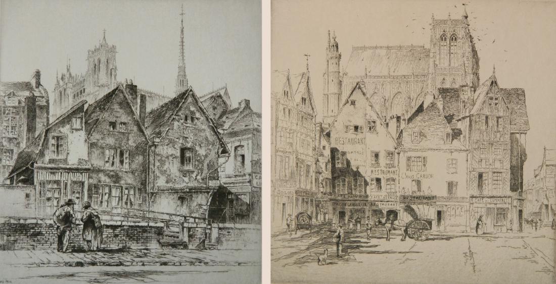 John Taylor Arms 2 etchings: John Taylor Arms (American 1887-1953)- ''Abbeville'' (Fletcher 165)- etching, 1925, signed and dated in pencil, edition of 150, French Church Series no. 5; together with ''Amiens'' (F. 181)- etching,
