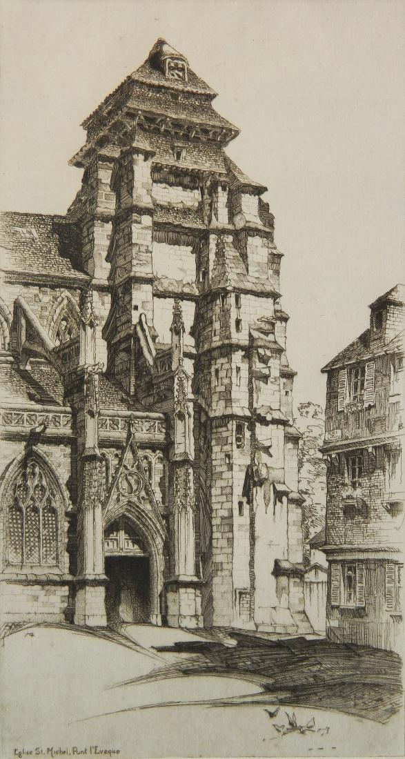 John Taylor Arms etching: John Taylor Arms (American 1887-1953)- ''Eglise Saint Michel'' (Fletcher 198)- etching, 1927, signed and dated in pencil, edition of 117, French Series no. 17. 9 1/8 x 4 7/8''