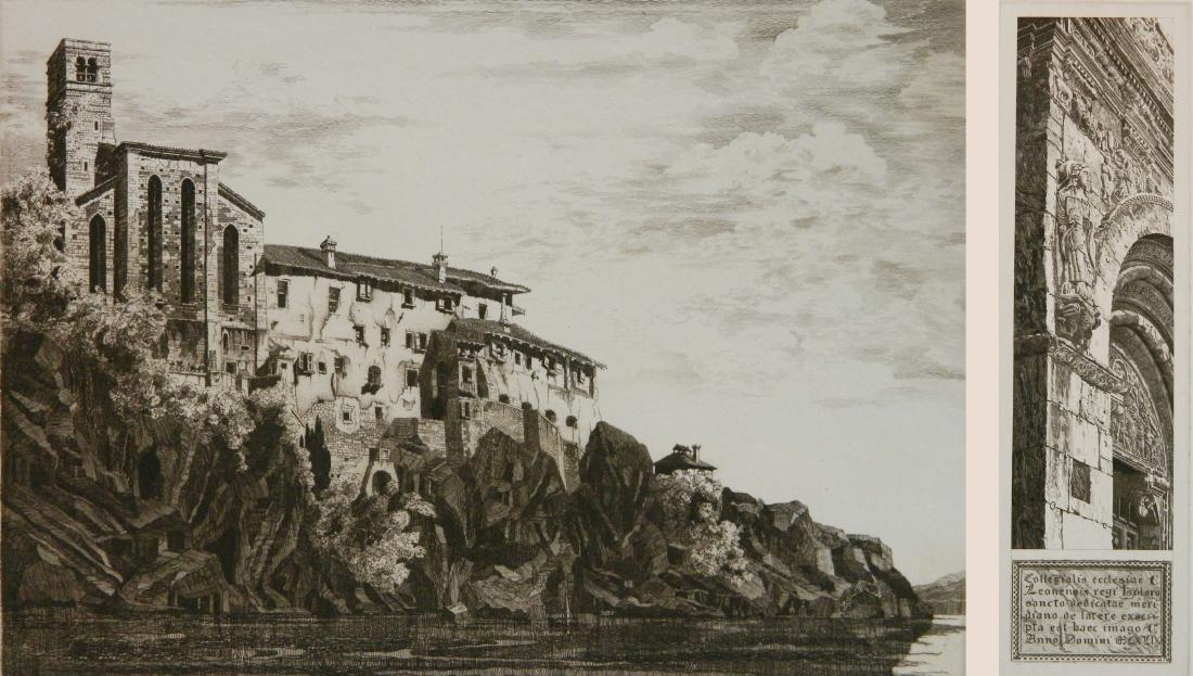 John Taylor Arms 2 etchings: John Taylor Arms (American 1887-1953)- ''Church of St. Francis'' (Fletcher 238); ''Stone Tapestry''- 2 etchings, 1931, 1933, both signed and dated in pencil, Italian Series no. 22 and no. 10, some age