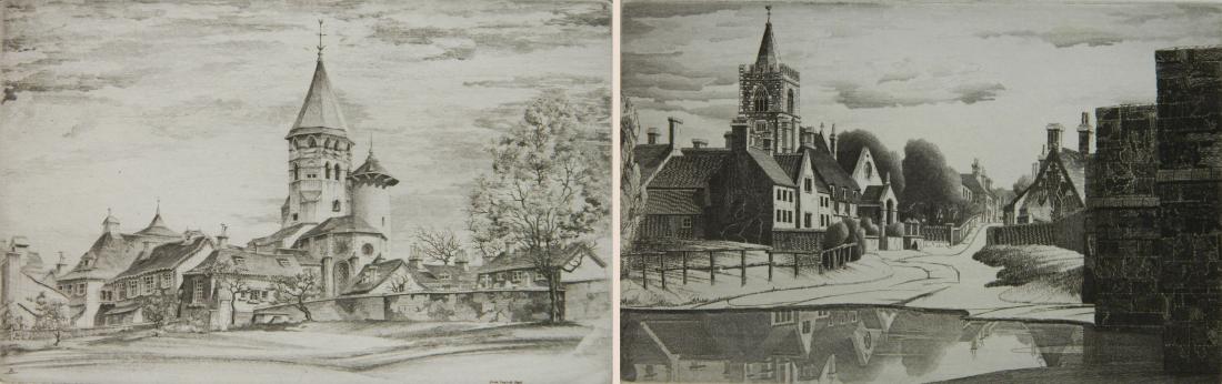 John Taylor Arms 2 etchings: John Taylor Arms (American 1887-1953)- ''Afterglow'' (Fletcher 315); ''Ceignae'' (F. 422)- 2 etchings, 1938, both signed and dated in pencil, English Series no. 3 and French Church Series no. 53, 'Aft