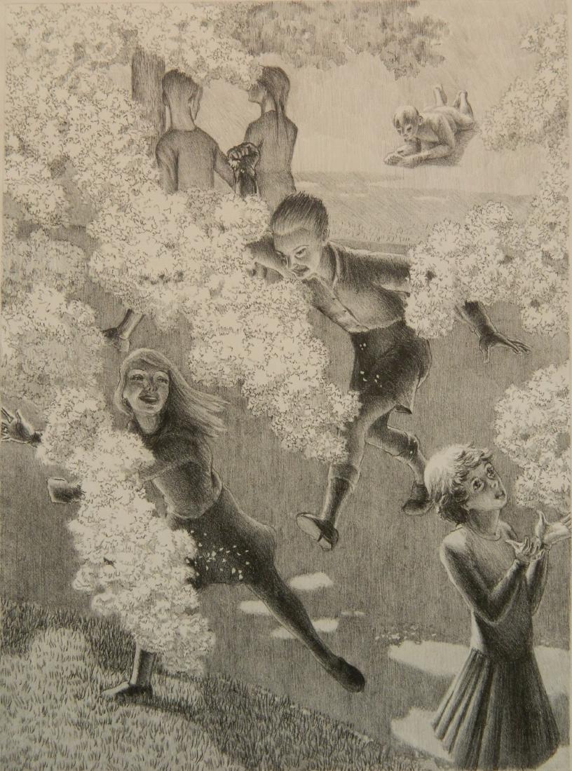 Kyra Markham lithograph: Kyra Markham (American 1891-1967)- ''Cherry Blossom in Brooklyn''- lithograph, 1939, signed, titled and dated in pencil, slightly light struck, otherwise good condition. 13 3/8 x 9 7/8''