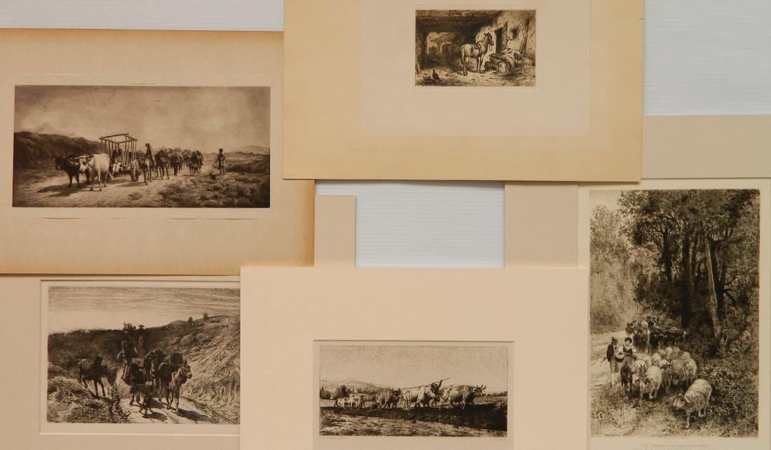 Peter Moran 5 prints: Peter Moran (American 1841-1914)- ''Noonday Rest''; ''The Forest of Capodimonte''; ''Down The Arroya to Santa Fe''; ''Oxen Ploughing''; and ''A Burro Train, New Mexico'' (Wright 26, 112, 16 and 42)- 5